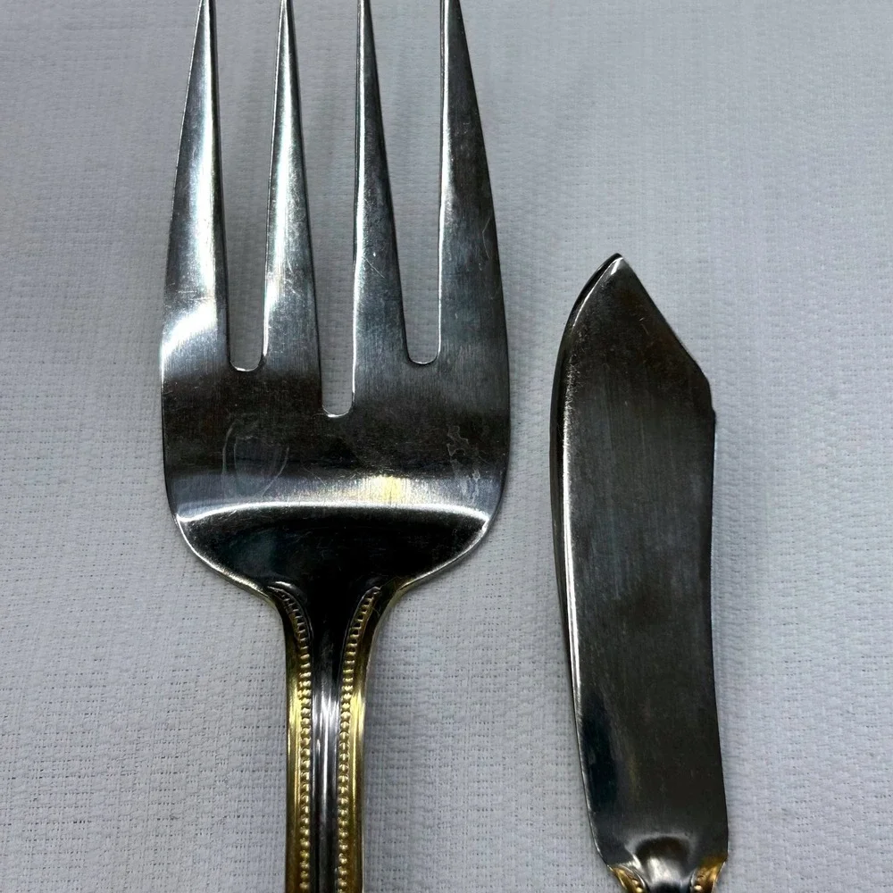 International Silver Royal Bead Gold 4 pc Serving Set Stainless 18/8 Spoons Fork